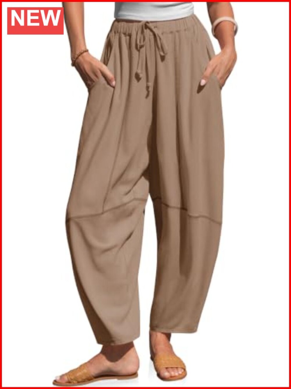 Linen blend wide leg barrel pants with pockets